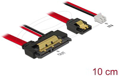 Delock - SATA 6 Gb/s kábel, 7 tűs anya + 2 tűs táp anya > SATA 22 tűs anya, egyenes (5 V), fém, 10 cm - 85238