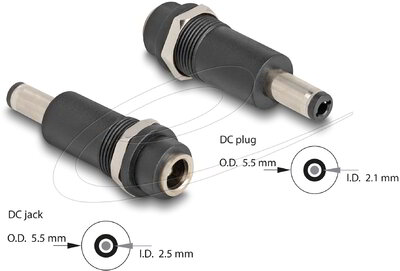 Delock - Adapter, DC 5,5 x 2,5 mm-csatlakozóhüvely, DC 5,5 x 2,1 mm méretű apa - 64281