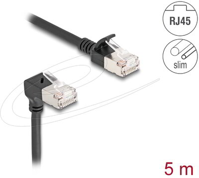 Delock - RJ45 hálózati kábel Cat.6A S/FTP vékony 90 fokban lefelé hajló / egyenes 5 m fekete - 80308
