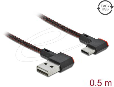 Delock - EASY-USB 2.0 kábel A-típusú csatlakozódugó - USB Type-C™ csatlakozódugó, ívelt bal / jobb, 0,5 m, fekete - 85280