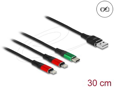 Delock - 30 cm hosszú, USB töltő kábel 3 az 1 A-típusú apa 2 x Lightning -, es USB Type-C csatlakozáshoz - 87881