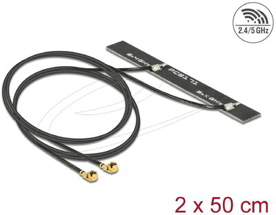 Delock - Ikerantenna WLAN WiFi 6 két csatornás, 2 x I-PEX Inc., MHF® I csatlakozódugó, 5 dBi, 2 x 50 cm-es NYÁK-lap, belső öntapadós - 89457
