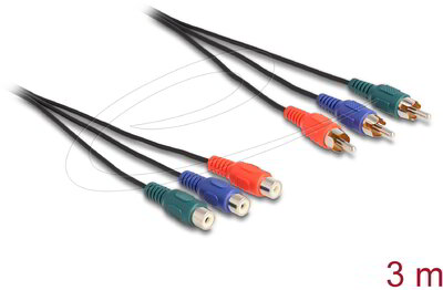 Delock - RCA RGB bővítő kábel 3 db. apa - 3 db. anya, 3 m - 85370