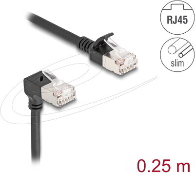 Delock - RJ45 hálózati kábel Cat.6A S/FTP Slim 90° lefelé hajlított / egyenes 0,25 m fekete - 80303