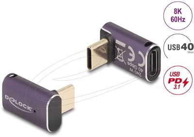 Delock - USB adapter 40 Gbps USB Type-C™ PD 3.1 240 W apa-nő csatlakozó, döntött, 8K 60 Hz, fém - 60289