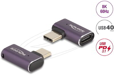 Delock - USB Adapter 40 Gbps USB Type-C PD 3.1 240 W csatlakozódugóval - csatlakozóhüvellyel, ívelt bal / jobb 8K 60 Hz fém - 60287
