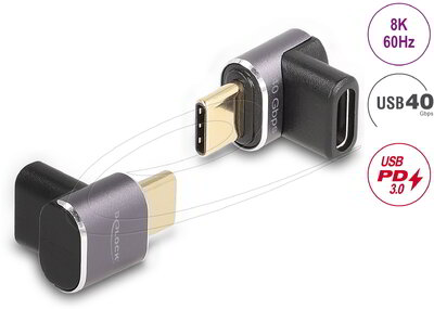 Delock - USB Adapter 40 Gbps USB Type-C PD 3.0 100 W csatlakozódugóval - csatlakozóhüvellyel, ívelt 8K 60 Hz fém kompakt - 60059