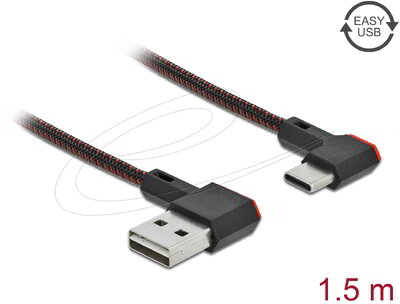 Delock - EASY-USB 2.0 kábel A-típusú csatlakozódugó - USB Type-C™ csatlakozódugó, ívelt bal / jobb, 1,5 m, fekete - 85282
