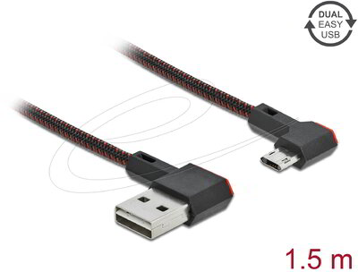 Delock - EASY-USB 2.0 kábel A-típusú csatlakozódugó - EASY-USB Micro-B típusú csatlakozódugó, ívelt bal / jobb, 1,5 m, fekete - 85272