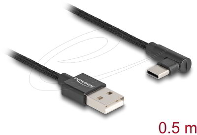 Delock - USB 2.0 kábel A-típusú csatlakozódugó - USB Type-C csatlakozódugó, ívelt, 0,5 m, fekete - 80029