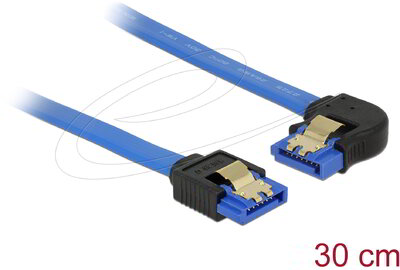 Delock - SATA-kábel, 6 Gb/s, hüvely, egyenes > SATA hüvely, balra nézo csatlakozódugóval, 30 cm, kék aranyszínű kapcsokkal - 84984