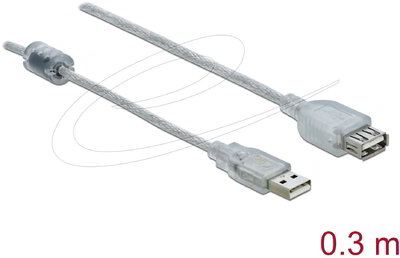 Delock - USB 2.0-s bővítőkábel A-típusú csatlakozódugóval > USB 2.0-s, A-típusú csatlakozóhüvellyel, 0,3 m, áttetsző - 82244
