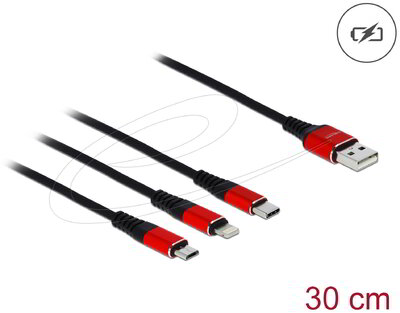 Delock - 30 cm hosszú, USB töltő kábel 3 az 1- A-típusú apa Lightning™-, Micro USB- és USB Type-C™ csatlakozáshoz fekete / piros - 85891