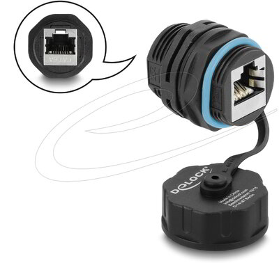 Delock - Kábelcsatlakozó, RJ45 aljzat - RJ45 aljzat, Cat.6A, vízálló védősapkával - 86695