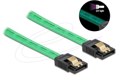 Delock - 6 Gb/s SATA kábel UV fényhatással zöld színű, 50 cm - 82069