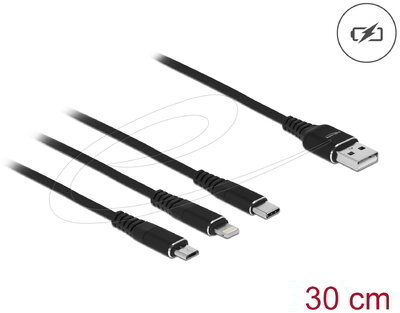 Delock - 30 cm hosszú, USB töltő kábel 3 az 1-ben Lightning -, Micro USB- és USB Type-C csatlakozáshoz - 87152