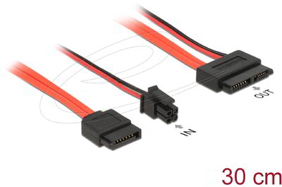 Delock - SATA-kábel, 6 Gb/s, 7 tus csatlakozóhüvely + 4 tus csatlakozódugó > 13 tus Slim SATA-csatlakozóhüvely, 30 cm - 84848