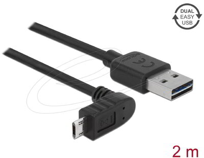 Delock - Kábel, EASY-USB 2.0-s A-típusú csatlakozódugó > EASY-USB 2.0-s Micro-B típusú csatlakozódugó, ívelt felfelé / lefelé, 2 m, fekete - 83856