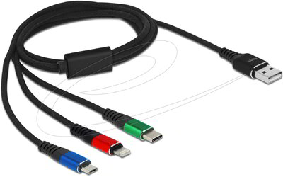 Delock - 1 m hosszú, USB töltő kábel 3 az 1-ben Lightning -, Micro USB- és USB Type-C csatlakozáshoz 3-színű - 87277