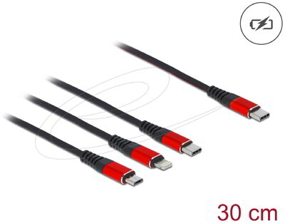 Delock - 30 cm hosszú, USB töltő kábel 3 az 1 USB Type-C apa Lightning -, Micro USB- és USB Type-C™ csatlakozáshoz fekete / piros - 86710