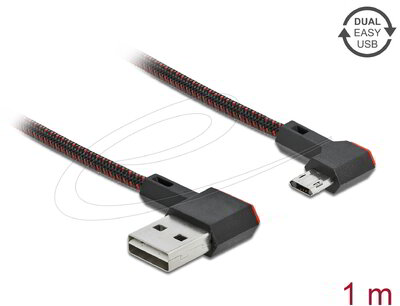 Delock - EASY-USB 2.0 kábel A-típusú csatlakozódugó - EASY-USB Micro-B típusú csatlakozódugó, ívelt bal / jobb, 1 m, fekete - 85271