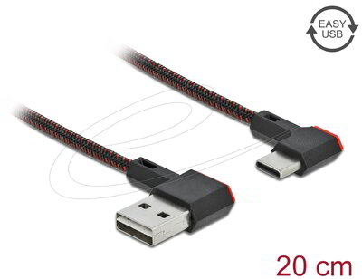 Delock - EASY-USB 2.0 kábel A-típusú csatlakozódugó - USB Type-C csatlakozódugó, ívelt bal / jobb, 0,2 m, fekete - 85279