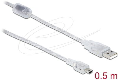 Delock - USB 2.0-s kábel A-típusú csatlakozódugóval > USB 2.0 Mini-B csatlakozódugóval, 0,5 m áttetsző - 83904