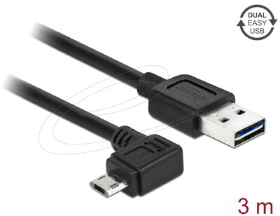 Delock - EASY-USB 2.0 A-típusú apa > EASY-USB 2.0 Micro-B típusú apa, balra/jobbra ferde, 3 m, fekete - 83854
