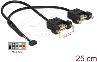 Delock - USB 2.0 tűs fejléc 2,00 mm-es 10 tűs anya>2xUSB 2.0 Type-A anya panelre szerel. 25x25cm - 84832