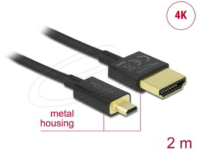 Delock - Nagysebességű HDMI-kábel Ethernettel - HDMI-A apa - HDMI Micro-D apa 3D 4K 2 m vékony, kiváló minőségű - 84783