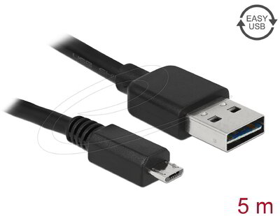 Delock - EASY-USB 2.0 A-típusú kábel - USB 2.0 Micro-B típusú kábel, 5 m, fekete - 83369
