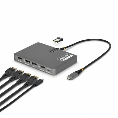 Startech - USB-C - négymonitoros munkaállomás adapter, 4K 60Hz DisplayPort, 140W PD - QUAD-USB-DP-ADAPT