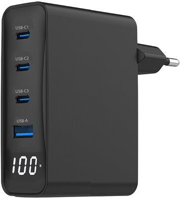 Adapter - 4 portos 100 W-os GaN USB gyorstöltő, LCD, fekete - TA-UC-PDQC100LCD-01- BK