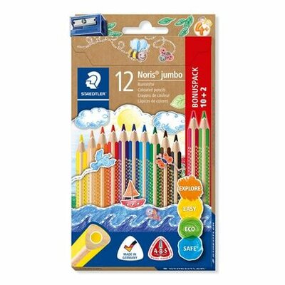Színes ceruza készlet, háromszögletű, vastag, hegyezővel, STAEDTLER "Noris® Jumbo 128", 10+2 különböző szín, (12 db)