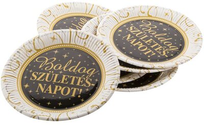 Tányér, papír, 23 cm, "Boldog Születésnapot", elegáns, (6 db)