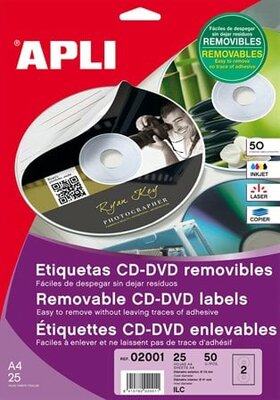 Etikett, CD/DVD, A4, matt, eltávolítható, APLI, (25 lap)