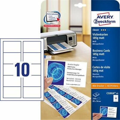 Névjegykártya, 85x54 mm, 185 g, mikroperforált, AVERY ZWECKFORM, 250 db/csomag, (25 lap)
