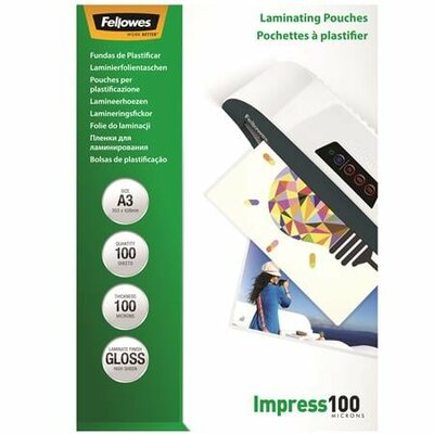 Meleglamináló fólia, 100 mikron, A3, fényes, 100 db, FELLOWES, (100 db)