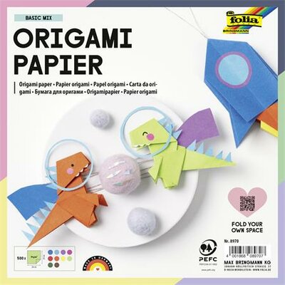 Origami papír, 20x20 cm, 70 g, 500 lap, FOLIA, vegyes színek, (500 lap)