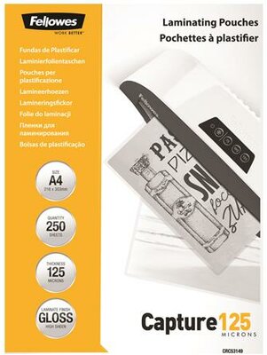 Meleglamináló fólia, 125 mikron, A4, fényes, 250 db, FELLOWES, (250 db)