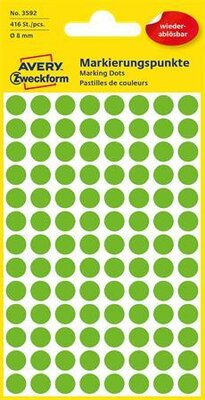 Etikett, 8 mm, kör, eltávolítható, AVERY ZWECKFORM, fűzöld, 416 etikett/csomag, (4 lap)