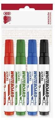 Tábla- és flipchart marker készlet, 1-4 mm, vágott, ICO "Plan 12 XXL", 4 különböző szín, (4 db)