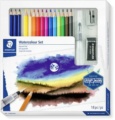 Akvarell ceruza készlet, ecsettel, radírral, hegyezővel, grafitceruzával, STAEDTLER® "146 10C", 12 különböző szín, (18 db)
