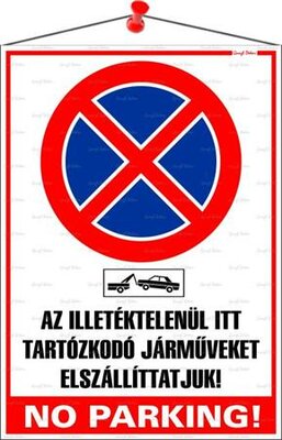 Információs tábla, 35x25 cm, "Az illetéktelenül itt tartózkodó járműveket elszállíttatjuk! No parking!"