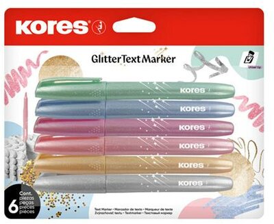 Szövegkiemelő készlet, 3-5 mm, KORES "Glitter", 6 különböző csillámos szín, (6 db)