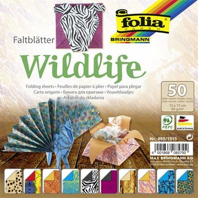 Origami papír, 15x15 cm, 80 g, 50 lap, FOLIA "Wildlife", 10 különböző minta, (50 lap)