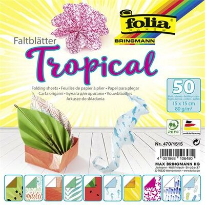 Origami papír, 15x15 cm, 80 g, 50 lap, FOLIA "Tropical", 10 különböző minta, (50 lap)