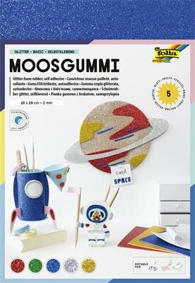 Moosgumi, öntapadó, csillámos, 20x29 cm, 5 lap, FOLIA "Basic", 5 különböző szín, (5 lap)