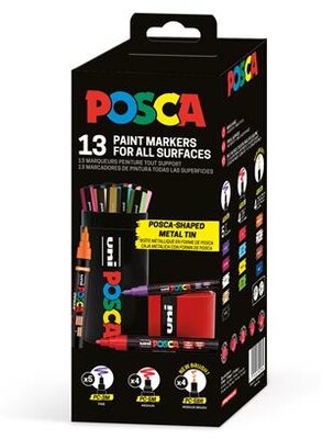 Dekormarker készlet, Posca fém dobozos, UNI "Posca", 13 különböző szín, (13 db)