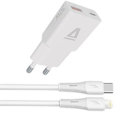 AVAX CH6414 30W GaN töltő és USB-C-Lightning szilikon kábel, fehér